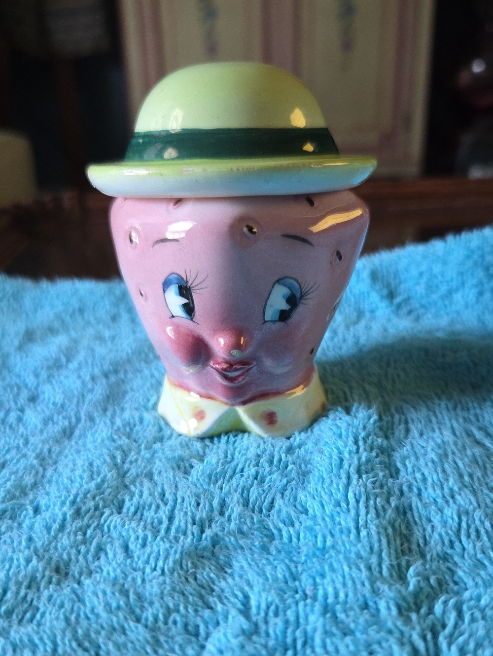 Vintage Pink Ceramic Strawberry Face Decorative Figurine with Yellow Hat